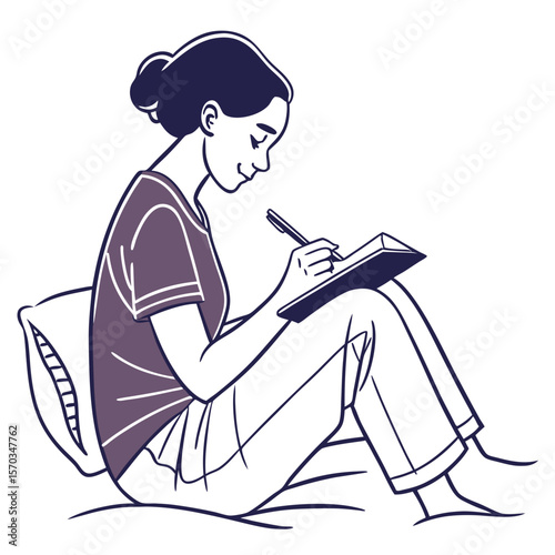 Woman Writing in Notebook Sitting on Bed