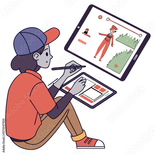 Young Artist Using Digital Tablet for Illustration and Character Design