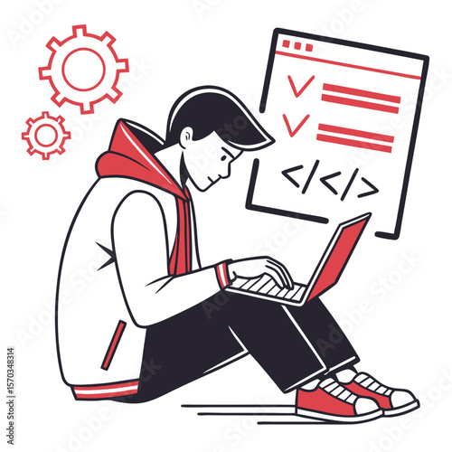 Young Man Coding on Laptop with Checklist and Gears Illustration