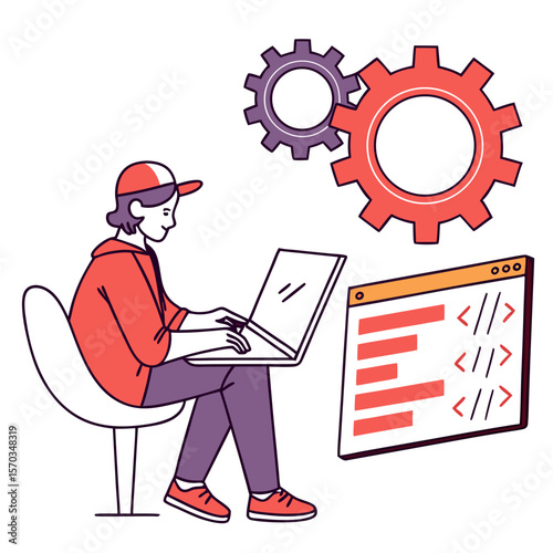 Young Man Coding on Laptop with Gears and Website Illustration