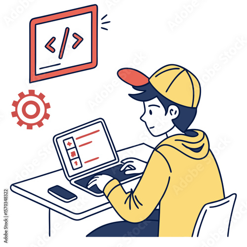 Young Man Coding on Laptop at Desk with Digital Screen