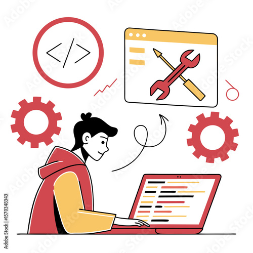 Young Man Coding on Laptop with Web Development Tools Illustration