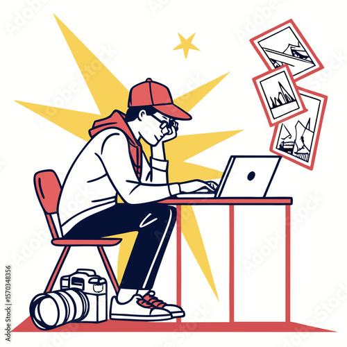 Young Man Editing Photos on Laptop at Desk