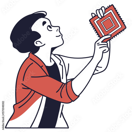 Young Man Inspecting a Red Device