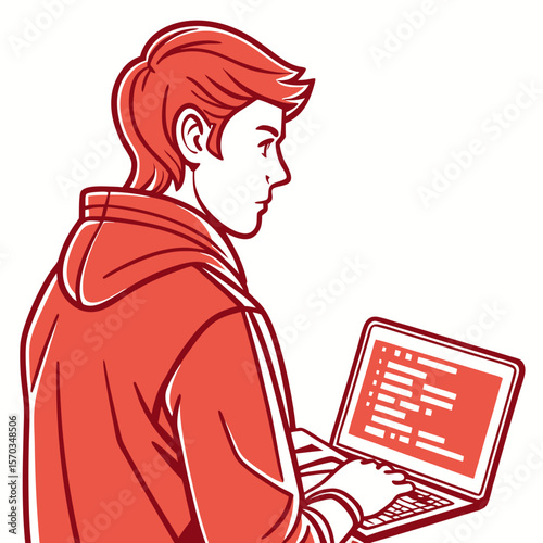 Young Man Using Laptop Computer Coding Red Illustration