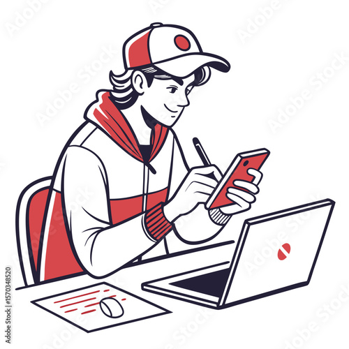 Young Man Using Stylus and Smartphone at Desk