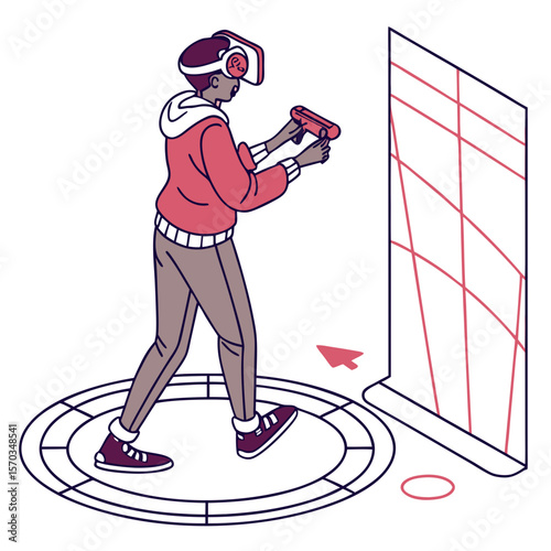 Young Man Using VR Headset and Controllers in Isometric Illustration