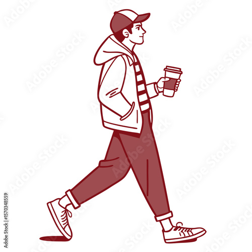 Young Man Walking with Coffee Cup Illustration