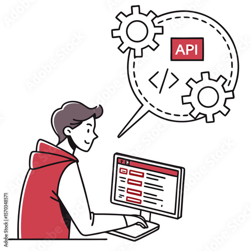 Young Man Working on API Integration on Computer