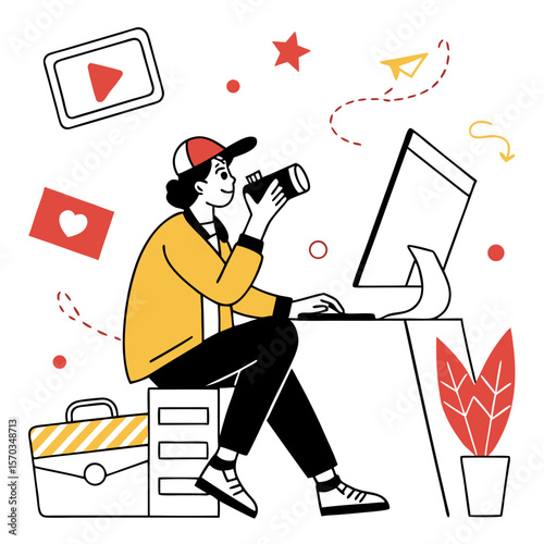 Young Person Working at Computer with Camera, Colorful Illustration