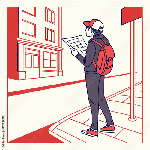 Young Person Using Map on City Street