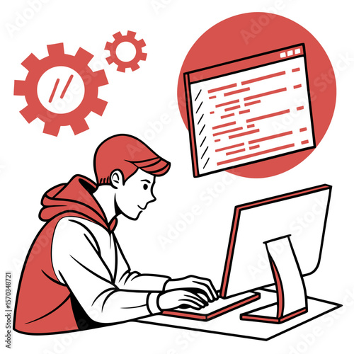 Young Programmer Coding on Computer, Red and White Illustration