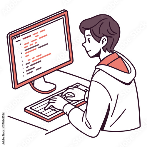 Young Programmer Coding on Desktop Computer