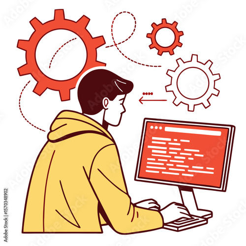 Young Programmer Working on Computer Code with Gears Illustration