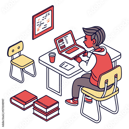 Young Student Working on Laptop at Desk with Books