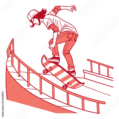 Young Skateboarder Performing a Trick on a Ramp Illustration
