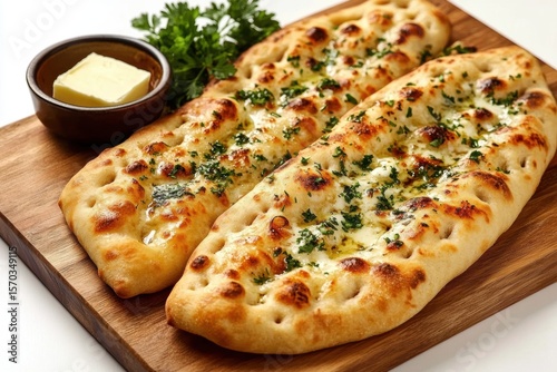 Freshly baked garlic naan bread on rustic wooden surface - appetizing homemade Delicious breads lying