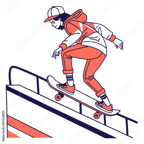 Young Woman Skateboarding Down a Ramp Illustration