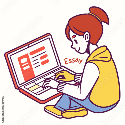 Young Woman Writing Essay on Laptop