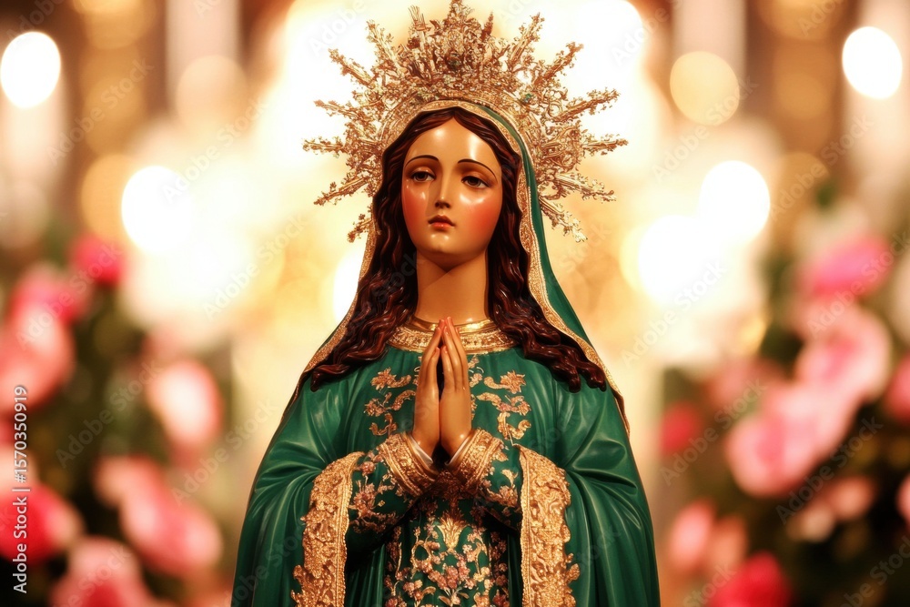 Fototapeta premium Our Lady of Guadalupe Statue Praying in a Rose Garden with Bokeh