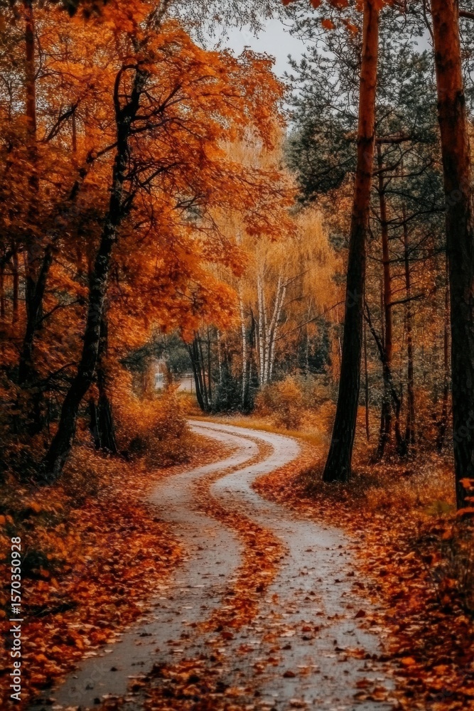 Obraz premium Path through autumn forest with fallen leaves creating a scenic view of covered leading