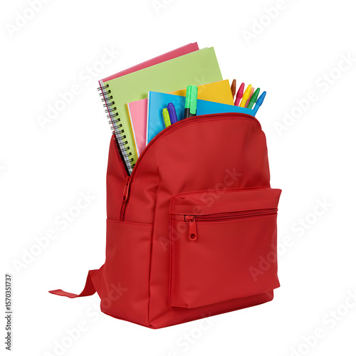 Red Bag with Stationery Items Coming Out – School Supplies and Creativity Concept, Isolated on White or Transparent Background