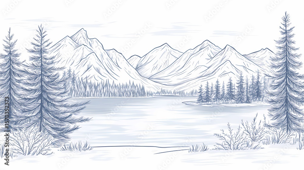 Fototapeta premium Detailed line drawing of a snowy mountain lake scene.