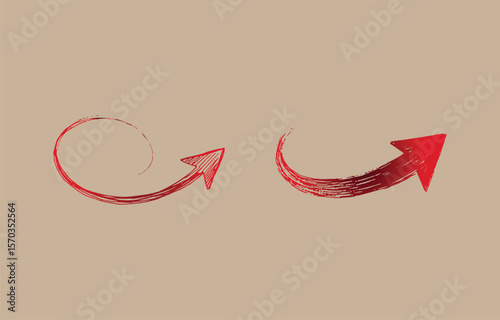 Two hand drawn red arrows one a spiral and the other a curved brush stroke pointing upwards on a beige background symbolizing direction and progress