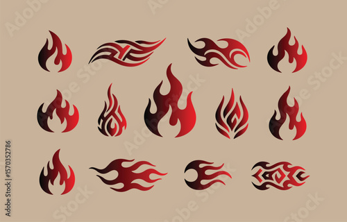 Collection of stylized flame and tribal fire designs in red and black gradient perfect for tattoos logos or graphic elements