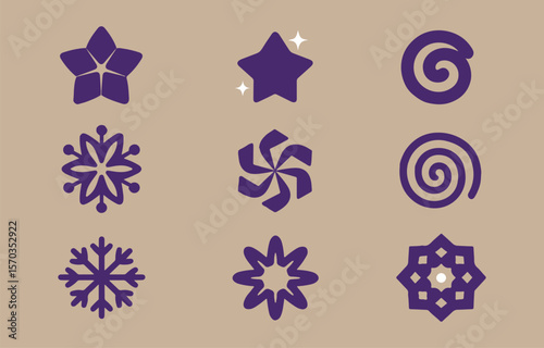 A collection of nine stylized purple geometric and floral icons including stars snowflakes and spirals arranged in a three by three grid on a neutral beige background
