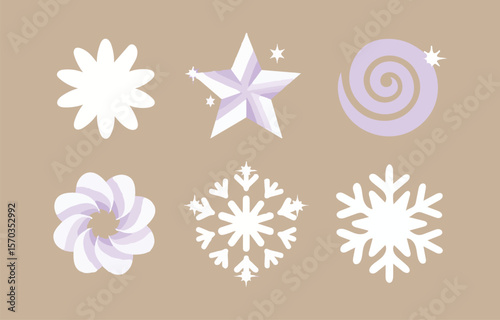 A collection of stylized winter icons including snowflakes a star and a floral shape in white and pastel purple against a neutral beige background