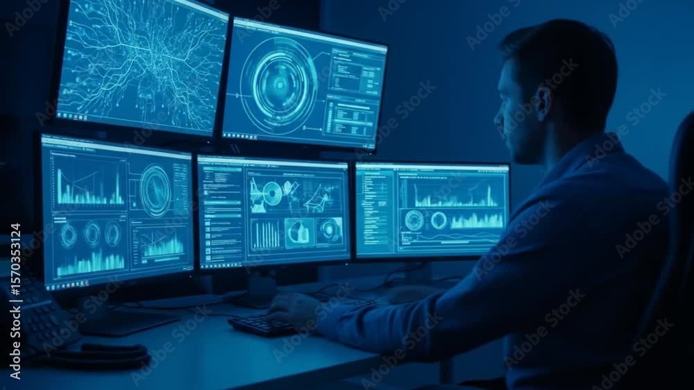 Cybersecurity Analyst Working with Multiple Monitors Displaying Complex ...