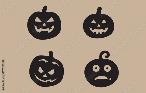 Four black silhouette halloween pumpkins with different carved faces including happy spooky and sad expressions on a neutral beige background
