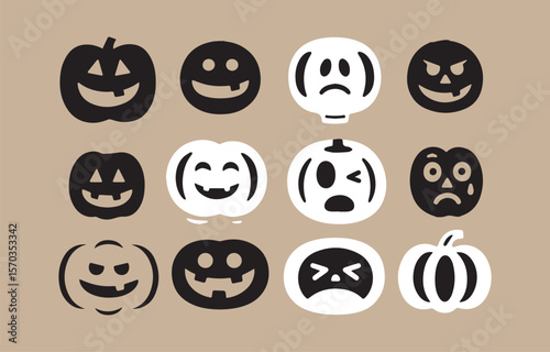 A collection of twelve unique black and white pumpkin faces with various expressions including happy sad angry and surprised displayed on a neutral beige background