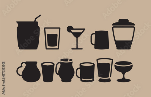 A collection of black silhouette icons of various drinking vessels and containers including cups mugs pitchers glasses and a cocktail glass against a neutral background