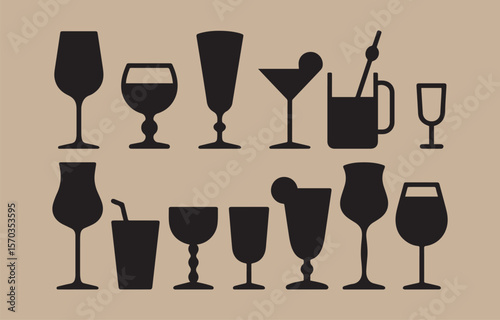 A collection of black silhouette drink glasses and cocktail glasses arranged in two rows against a neutral beige background showcasing a variety of shapes and styles for beverages