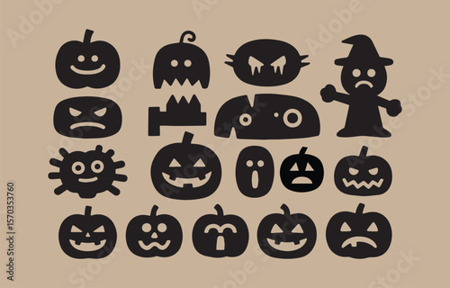 A collection of black silhouette halloween icons featuring pumpkins ghosts monsters and a witch with various facial expressions against a neutral beige background