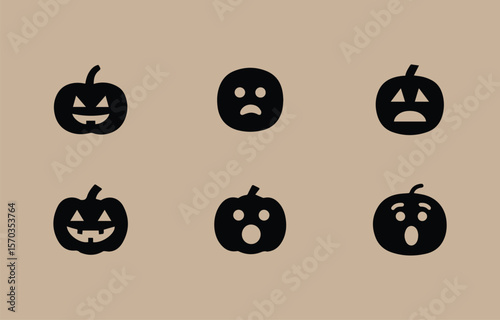 A collection of six black simple pumpkin icons with different facial expressions including happy sad scared and surprised arranged in two rows on a beige background