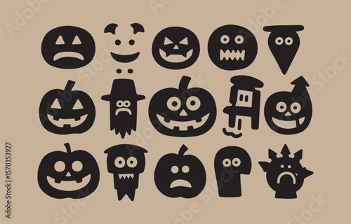 A collection of black halloween character icons with various expressions and shapes including pumpkins ghosts and monsters on a light brown background