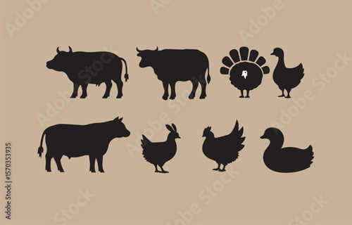 A collection of black silhouette farm animals including cows chickens ducks and a turkey displayed against a neutral beige background