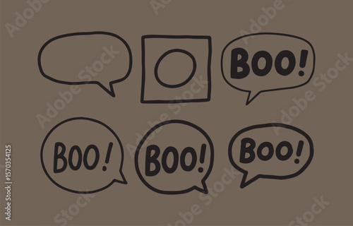 A collection of hand drawn speech bubbles with the word boo repeated in bold black lettering against a muted brown background