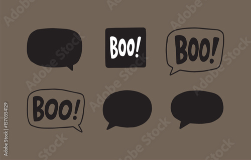 A collection of hand drawn speech bubbles with the word boo in some and solid black in others perfect for halloween design elements