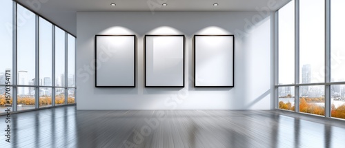 A spacious, modern gallery room with three blank frames on a white wall and large windows offering a cityscape view.