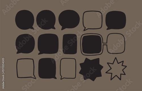 A collection of diverse black speech bubbles and thought bubbles with varied shapes and outlines on a muted brown background representing communication and ideas