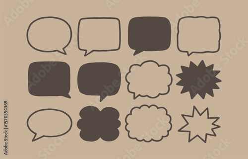 A collection of twelve diverse hand drawn speech bubbles and thought bubbles in various shapes and styles presented on a simple beige background