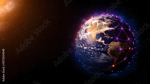 Fototapeta Naklejka Na Ścianę i Meble -  The image shows a stylized representation of planet Earth from space, with a network of glowing lines connecting points around its surface, suggesting global interconnectedness.  A bright light sourc