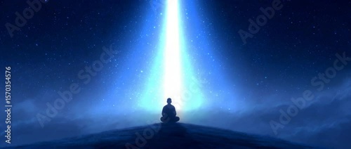 Serene Meditation Under Heavenly Light: A solitary figure in deep meditation, bathed in the ethereal glow of celestial light, evokes a sense of peace, tranquility.