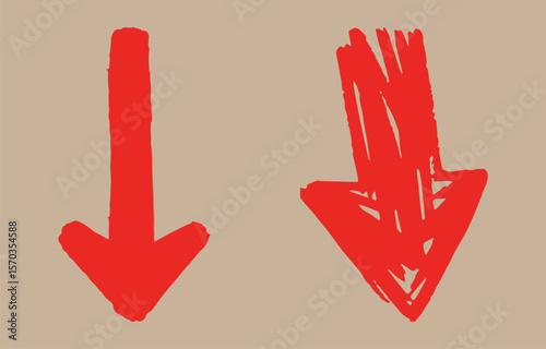 Two hand drawn red arrows pointing downwards against a neutral beige background indicating direction or movement