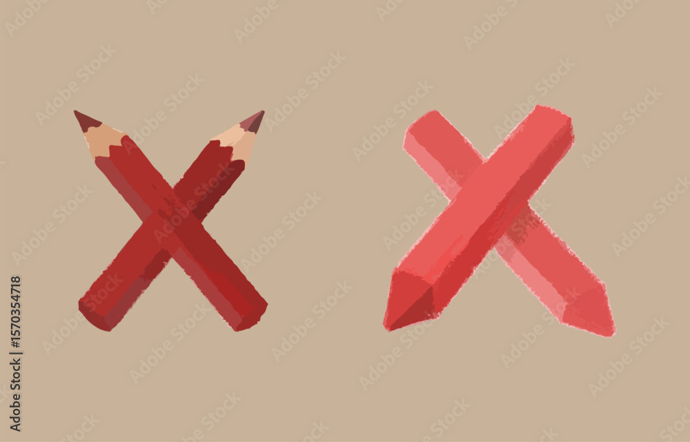 Fototapeta premium Two red colored pencils crossed to form an x shape on a neutral background one pencil is sharp and the other is blunt