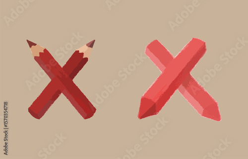 Two red colored pencils crossed to form an x shape on a neutral background one pencil is sharp and the other is blunt